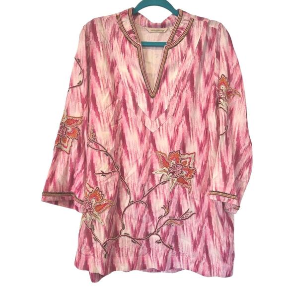 Soft Surroundings Altea Pink Chevron 3/4 Sleeve Embroidered Beaded Tunic | L GUC - Picture 2 of 13